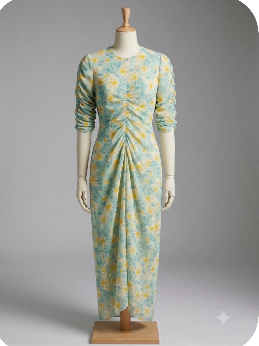 Light Blue Floral Ruched Maxi Dress with Yellow Accents